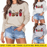 Lockerer Pullover mit Rundhalsausschnitt und Kaffeegeist-Print für Herbst und Winter mit langen Ärmeln und großer Größe