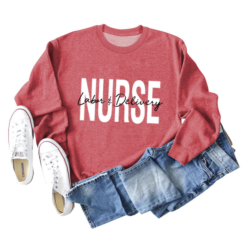 Krankenschwester Wehen Lieferung Rundhals Buchstabendruck Locker Großer Langarmpullover