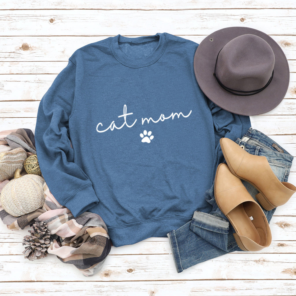 Cat Mom Dog Print Rundhalsausschnitt Lose Buchstaben Mode Damen Langarm Sweatshirt