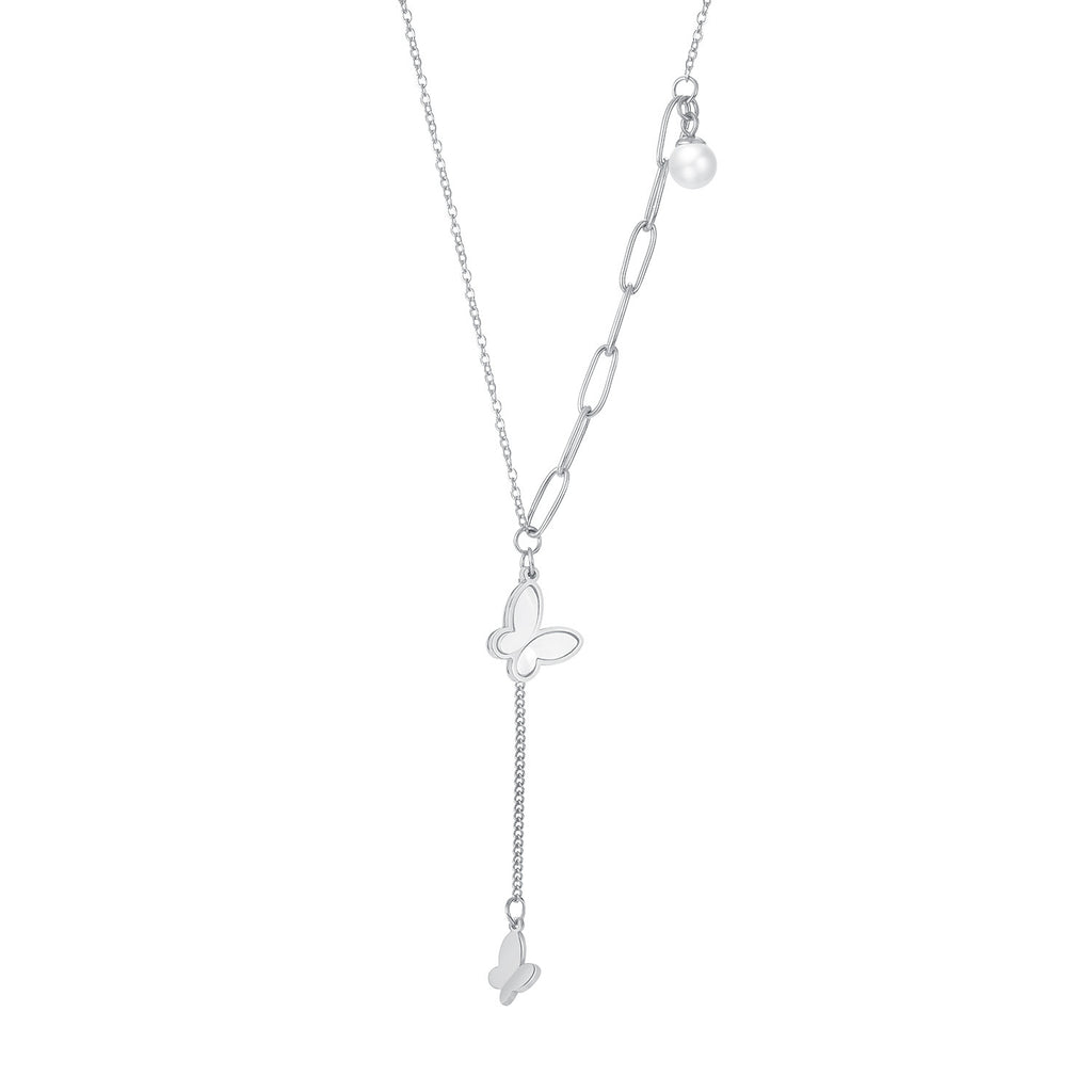 Pieced Chain with Three-dimensional Butterfly Pendant and Pearl Necklace with Matching Collarbone Chain