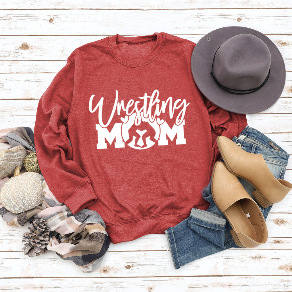 Großer Langarm-Pullover mit Wrestling-Mom-Buchstaben und Rundhalsausschnitt