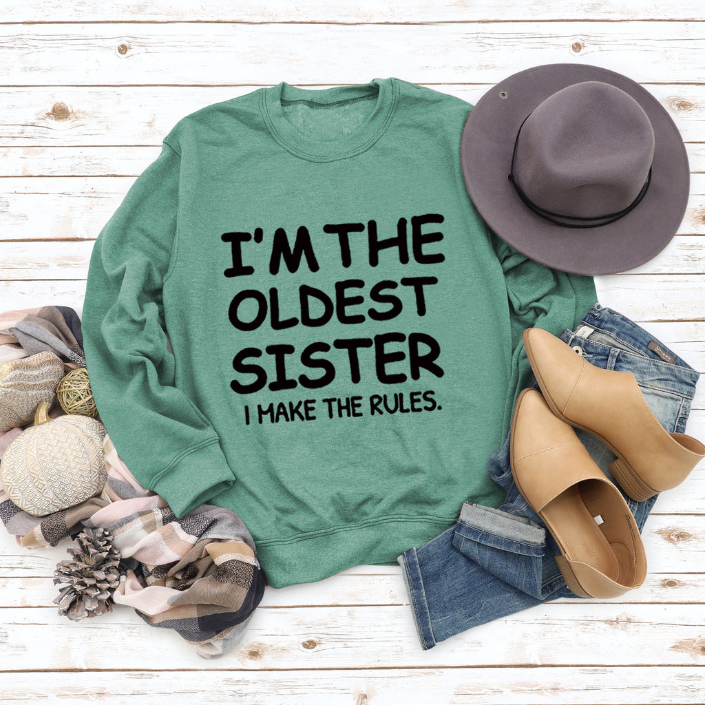 Round Neck Letter Fashion Women Long Sleeve I'M THE OLDEST SISTER Loose Print Sweatshirt