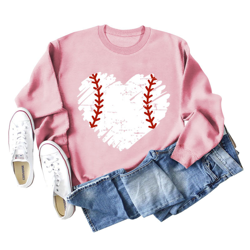 Love Baseball Print Rundhals Großer lässiger Langarm-Damenpullover