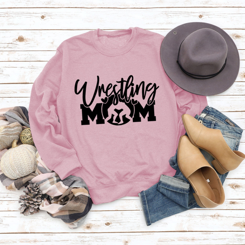 Großer Langarm-Pullover mit Wrestling-Mom-Buchstaben und Rundhalsausschnitt