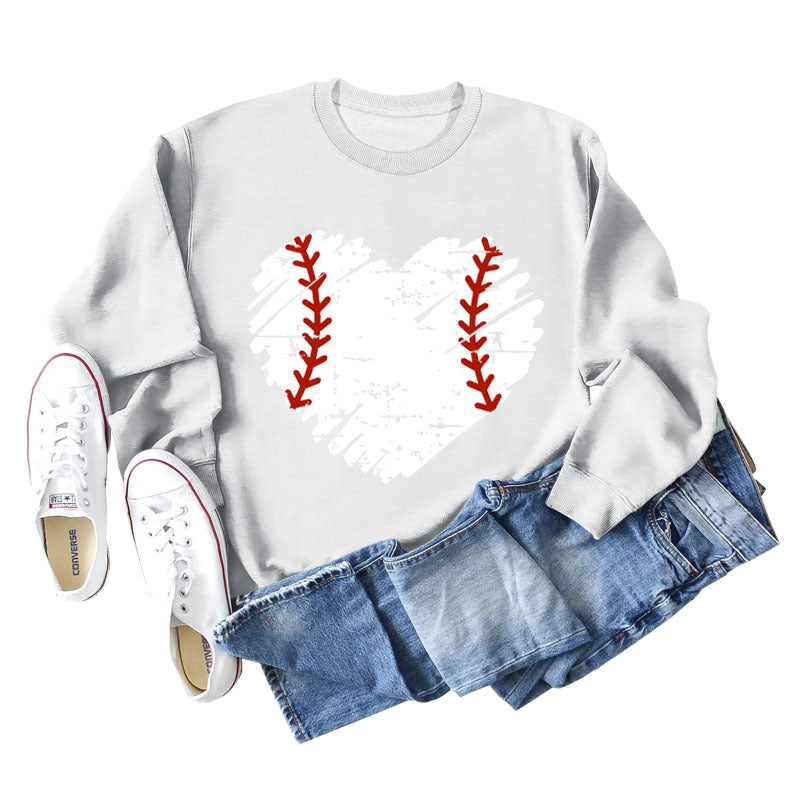 Love Baseball Print Rundhals Großer lässiger Langarm-Damenpullover