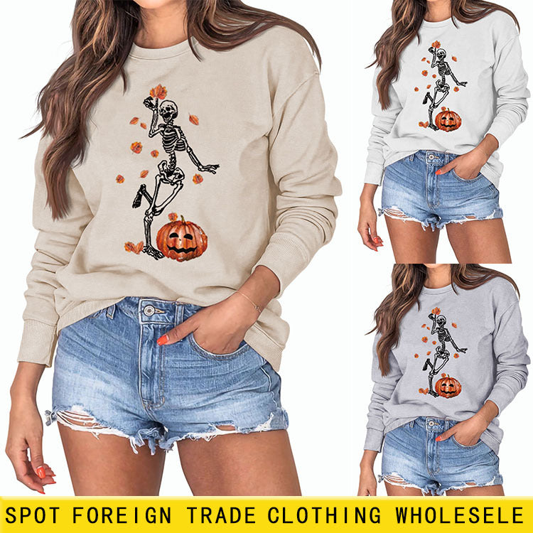 Herbst und Winter mit Totenkopf-Print, Rundhalsausschnitt, lockerer, langärmeliger Damenpullover