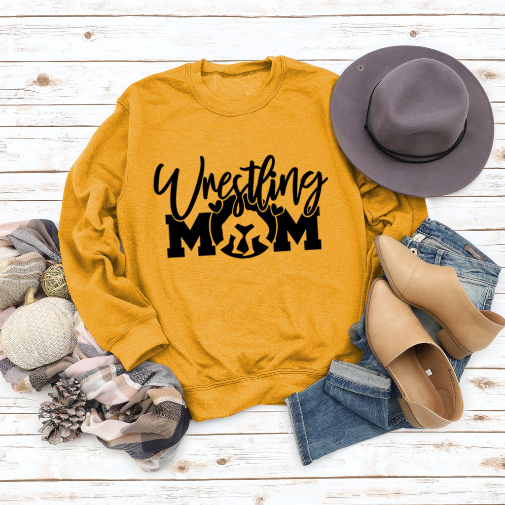 Großer Langarm-Pullover mit Wrestling-Mom-Buchstaben und Rundhalsausschnitt