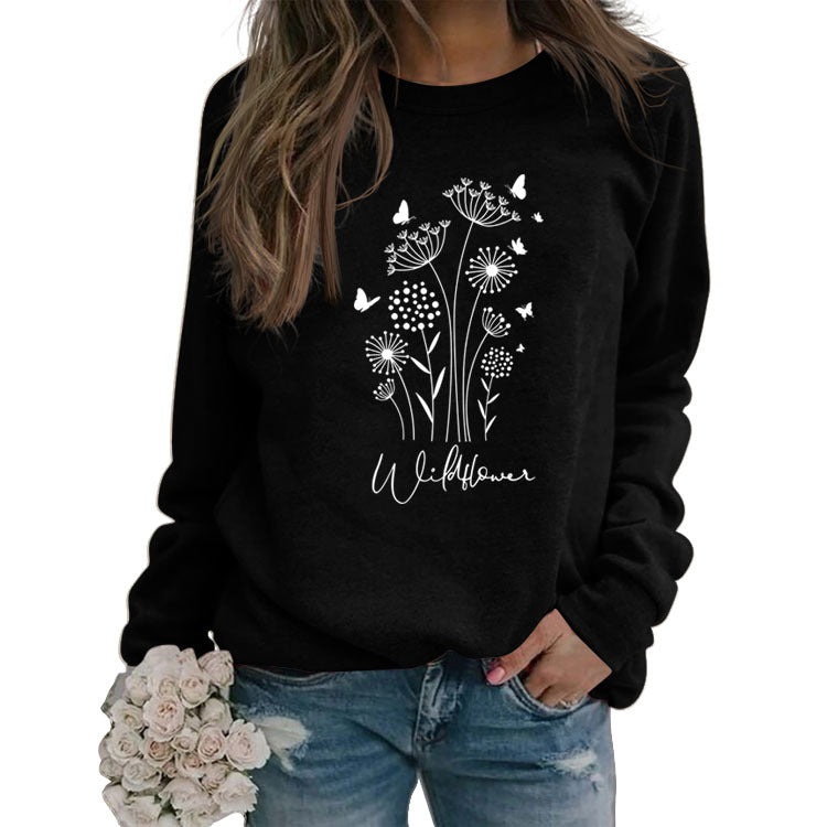 Pull surdimensionné à manches longues, ample et décontracté, imprimé de lettres de papillon et de fleurs sauvages, automne et hiver