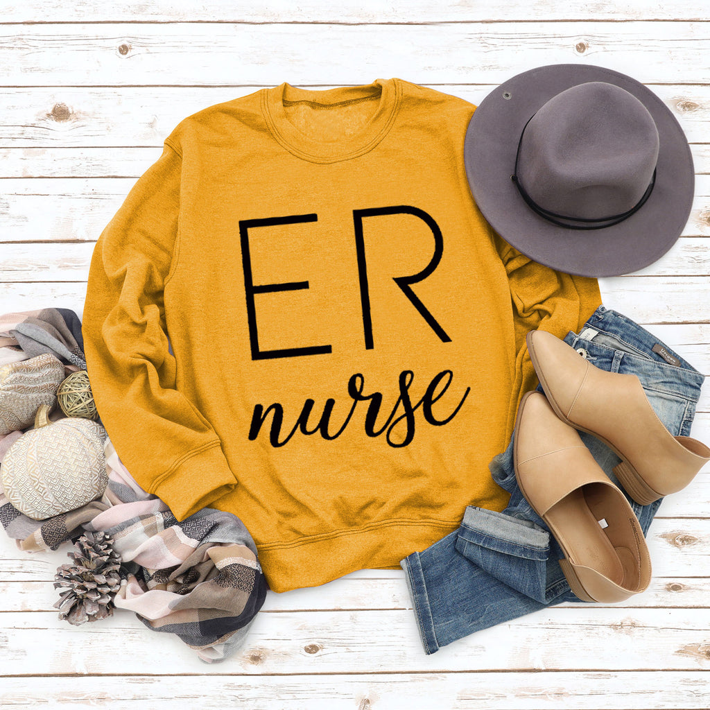 ER Nurse Round Neck Fashion Letter Tops Long Sleeve Women's Print Loose Sweatshirt