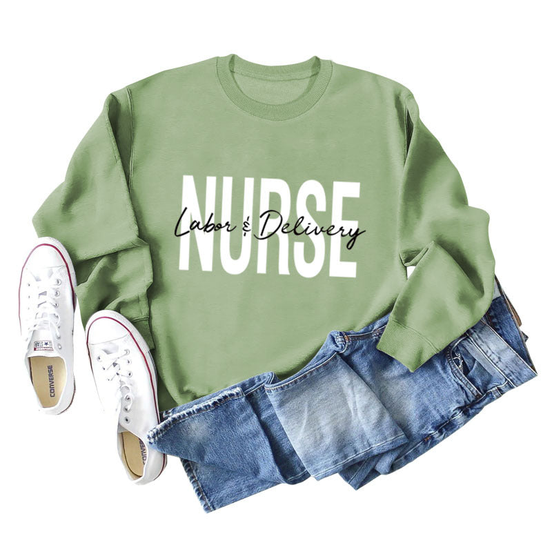 Krankenschwester Wehen Lieferung Rundhals Buchstabendruck Locker Großer Langarmpullover