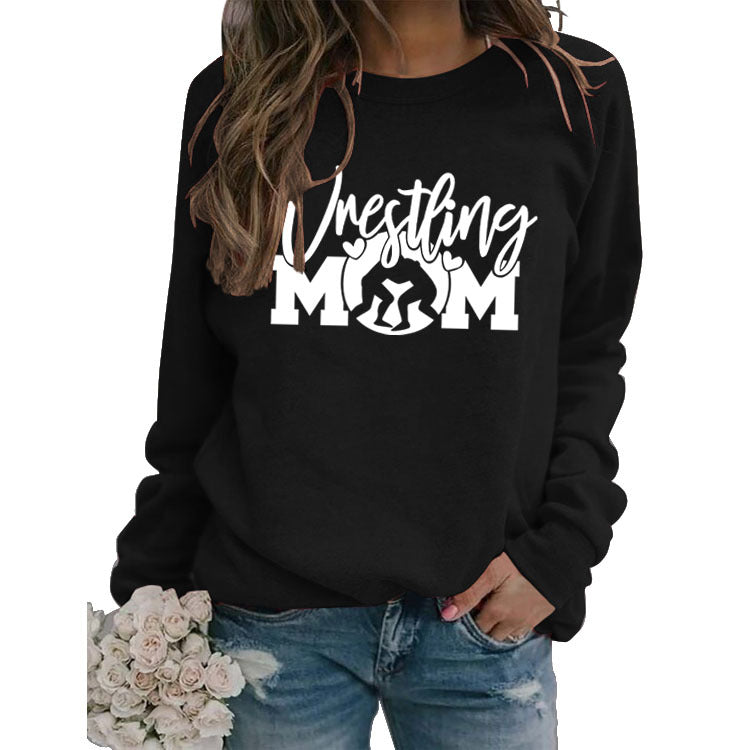 Großer Langarm-Pullover mit Wrestling-Mom-Buchstaben und Rundhalsausschnitt