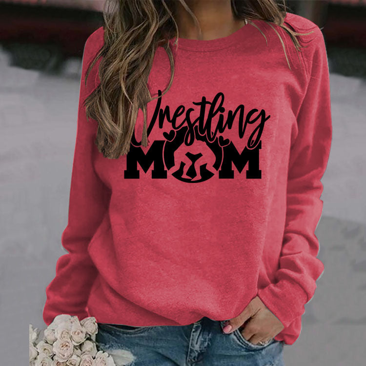 Großer Langarm-Pullover mit Wrestling-Mom-Buchstaben und Rundhalsausschnitt