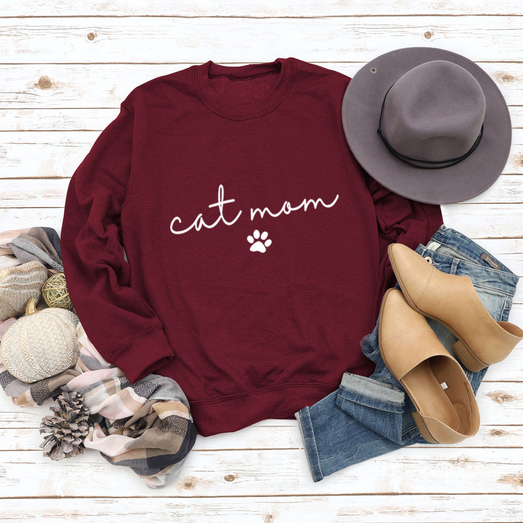 Cat Mom Dog Print Rundhalsausschnitt Lose Buchstaben Mode Damen Langarm Sweatshirt