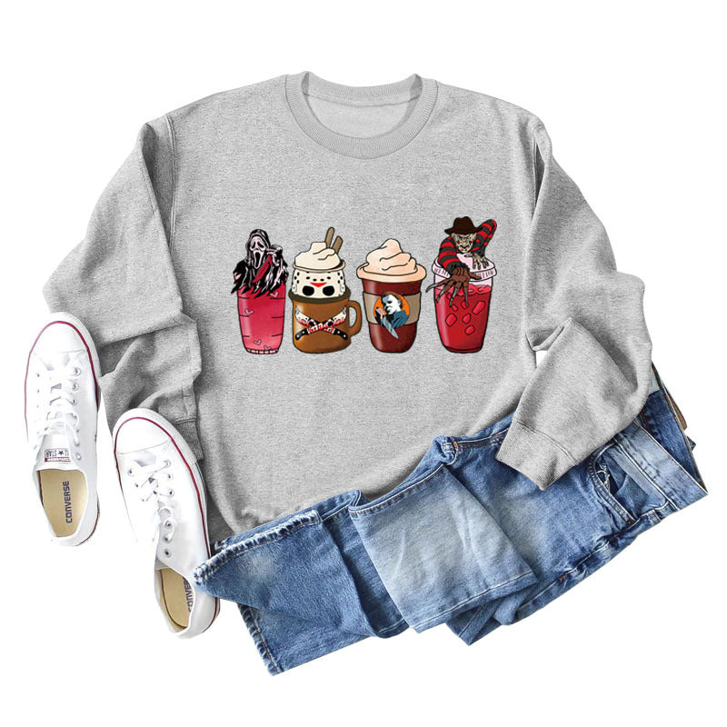 Lockerer Pullover mit Rundhalsausschnitt und Kaffeegeist-Print für Herbst und Winter mit langen Ärmeln und großer Größe