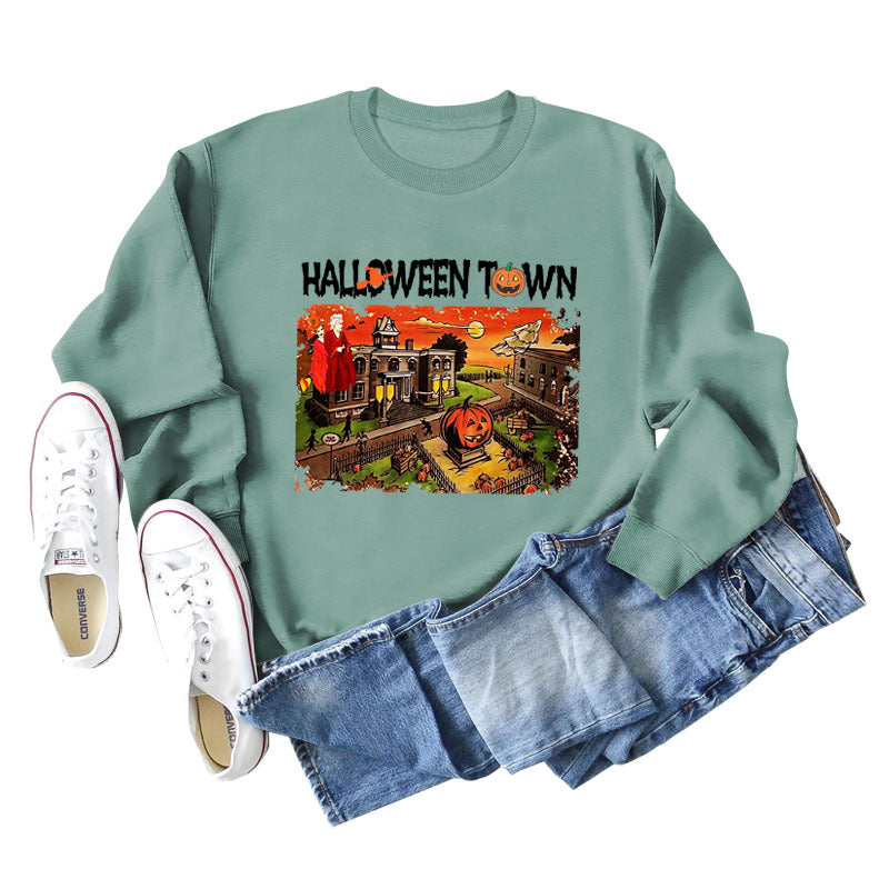 Pull ample à manches longues pour femmes, chemise ample avec lettres imprimées de ville d'halloween, nouvelle collection