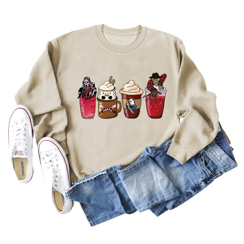 Lockerer Pullover mit Rundhalsausschnitt und Kaffeegeist-Print für Herbst und Winter mit langen Ärmeln und großer Größe