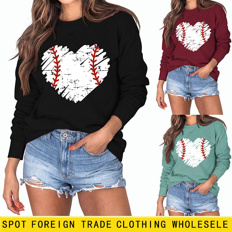 Love Baseball Print Rundhals Großer lässiger Langarm-Damenpullover