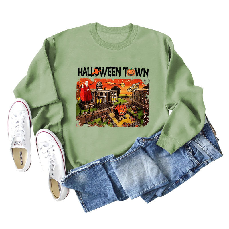 Pull ample à manches longues pour femmes, chemise ample avec lettres imprimées de ville d'halloween, nouvelle collection