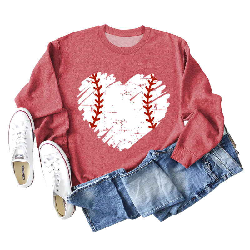 Love Baseball Print Rundhals Großer lässiger Langarm-Damenpullover