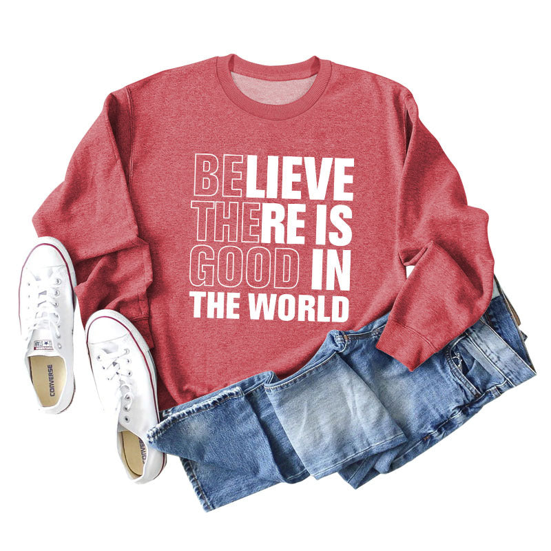 BELIEVE THERE IS GOOD LETTERS CREW NECK LOOSE BOTTOM LONG SLEEVE SWEATER