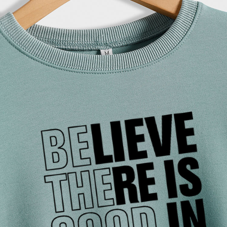 BELIEVE THERE IS GOOD LETTERS CREW NECK LOOSE BOTTOM LONG SLEEVE SWEATER
