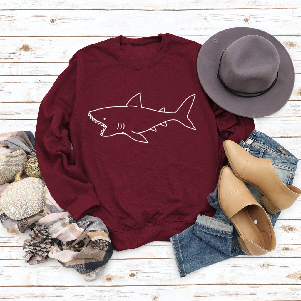 Rundhals Herbst und Winter Damen Tops Shark Print Casual Langarm Sweatshirt