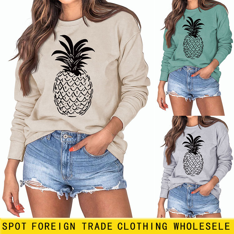 Rundhalsausschnitt, lockerer Rücken, lange Ärmel, lässiger Pullover in großer Größe mit Ananas-Print