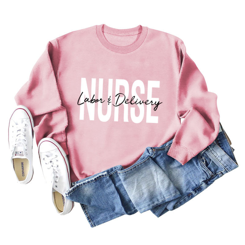 Krankenschwester Wehen Lieferung Rundhals Buchstabendruck Locker Großer Langarmpullover