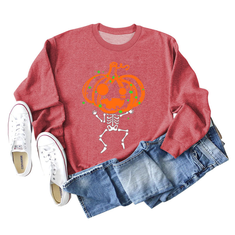 Pumpkin Skull Print Crew Neck Base Long Sleeve Ladies Sweater