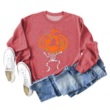 Pumpkin Skull Print Crew Neck Base Long Sleeve Ladies Sweater
