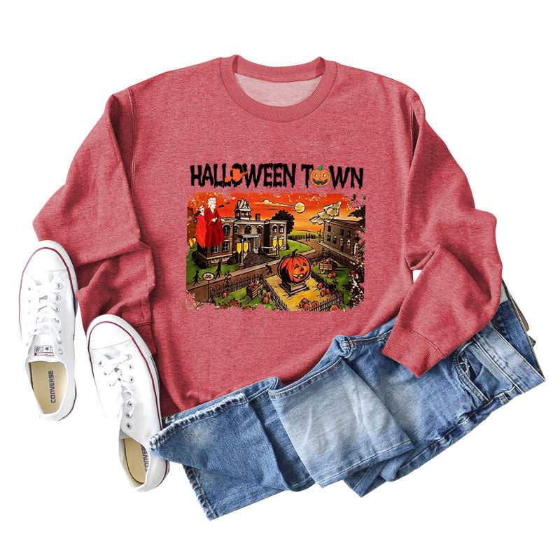Pull ample à manches longues pour femmes, chemise ample avec lettres imprimées de ville d'halloween, nouvelle collection