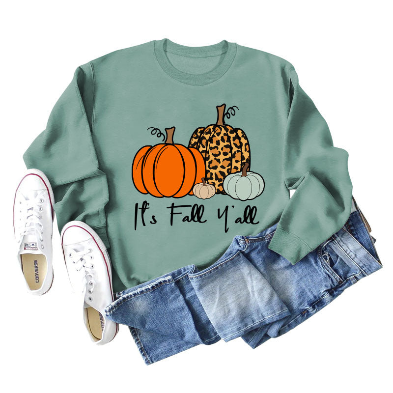 It's Fall Y'all Leopard Print Letter Print Round Neck Loose Fashion Long Sleeve Sweater
