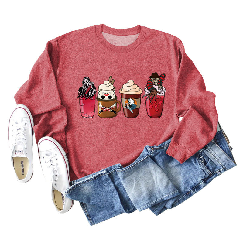 Lockerer Pullover mit Rundhalsausschnitt und Kaffeegeist-Print für Herbst und Winter mit langen Ärmeln und großer Größe