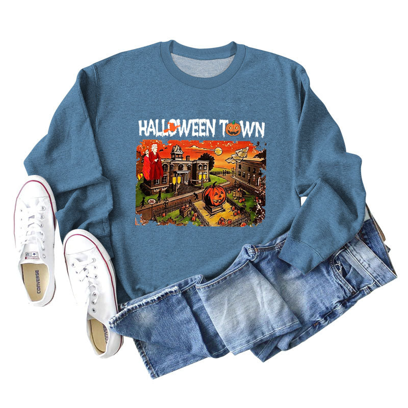 Pull ample à manches longues pour femmes, chemise ample avec lettres imprimées de ville d'halloween, nouvelle collection