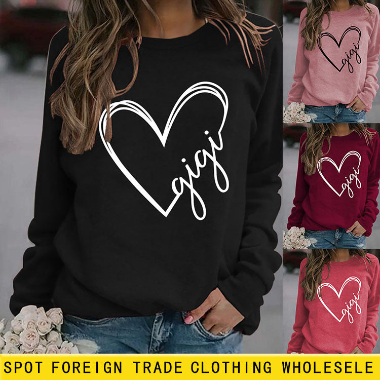 Gigi Heart Letter Printed Rundhalspullover mit lockerem Schnitt und langen Ärmeln