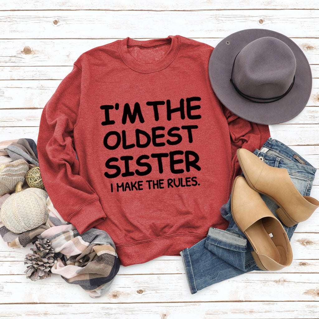 Round Neck Letter Fashion Women Long Sleeve I'M THE OLDEST SISTER Loose Print Sweatshirt
