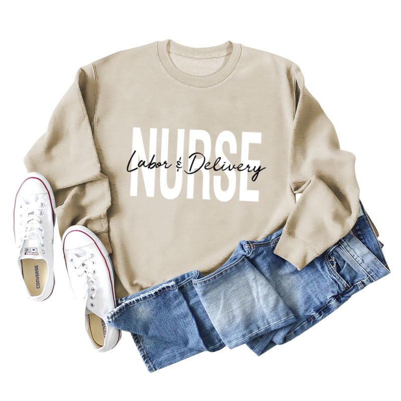 Krankenschwester Wehen Lieferung Rundhals Buchstabendruck Locker Großer Langarmpullover
