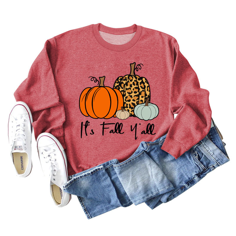 It's Fall Y'all Leopard Print Letter Print Round Neck Loose Fashion Long Sleeve Sweater