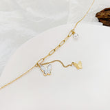 Pieced Chain with Three-dimensional Butterfly Pendant and Pearl Necklace with Matching Collarbone Chain