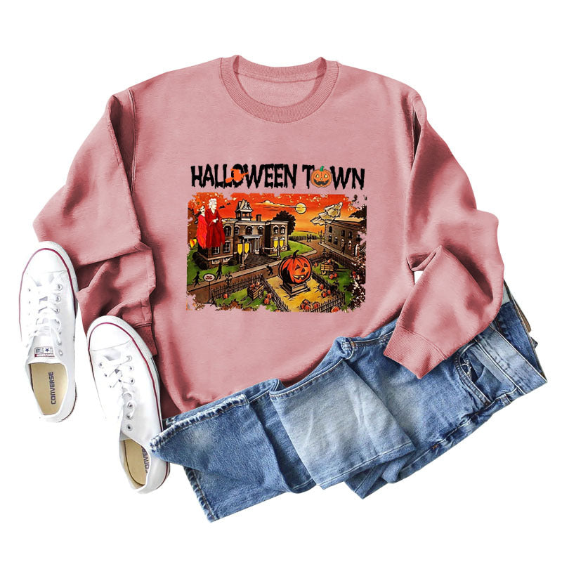 Pull ample à manches longues pour femmes, chemise ample avec lettres imprimées de ville d'halloween, nouvelle collection