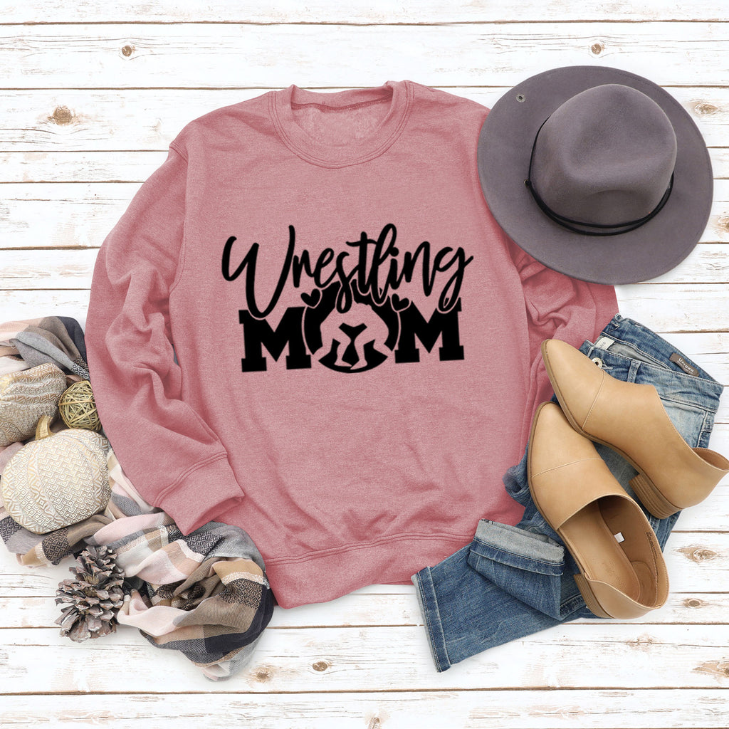 Großer Langarm-Pullover mit Wrestling-Mom-Buchstaben und Rundhalsausschnitt