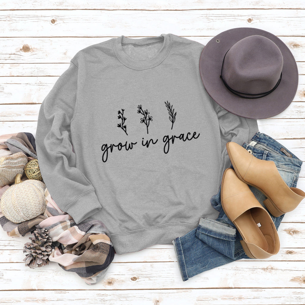 Grow In Grace Lettering Fashion Women's Long-sleeved Crewneck Sweatshirt