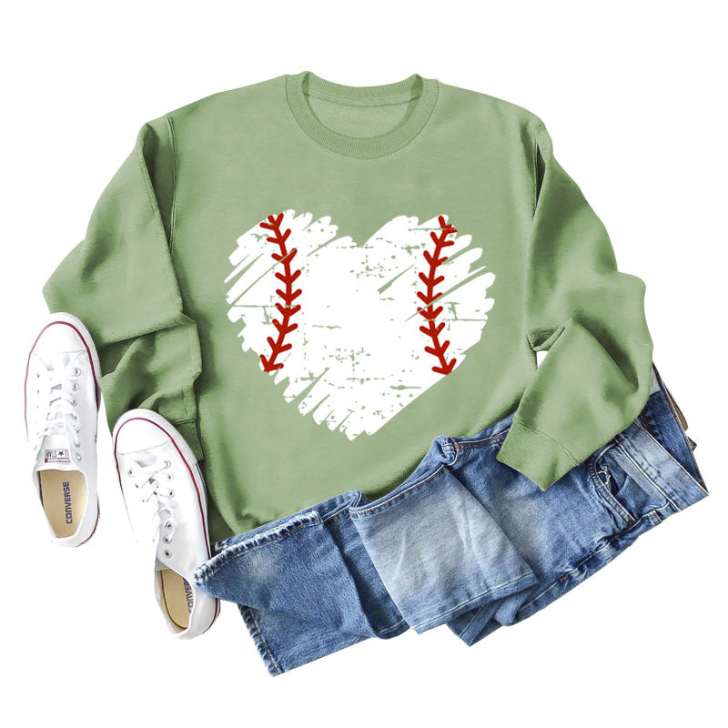 Love Baseball Print Rundhals Großer lässiger Langarm-Damenpullover
