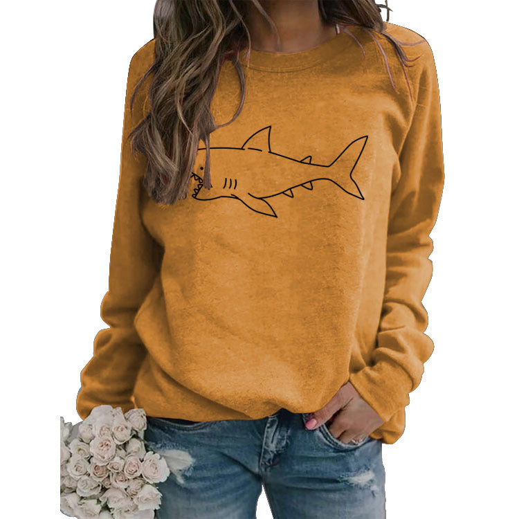 Rundhals Herbst und Winter Damen Tops Shark Print Casual Langarm Sweatshirt