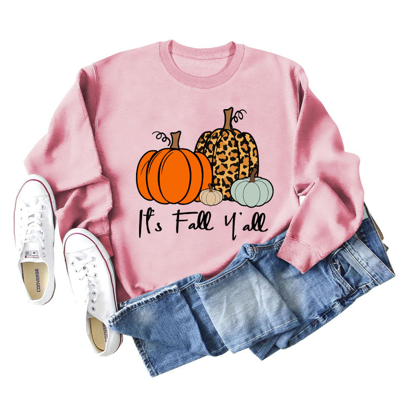 It's Fall Y'all Leopard Print Letter Print Round Neck Loose Fashion Long Sleeve Sweater