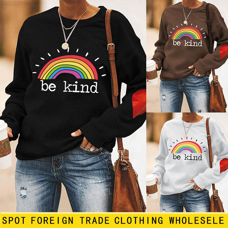 Be Kind Regenbogen Buchstaben Lockerer Herbst und Winter Rundhals Langarm Herz Pullover