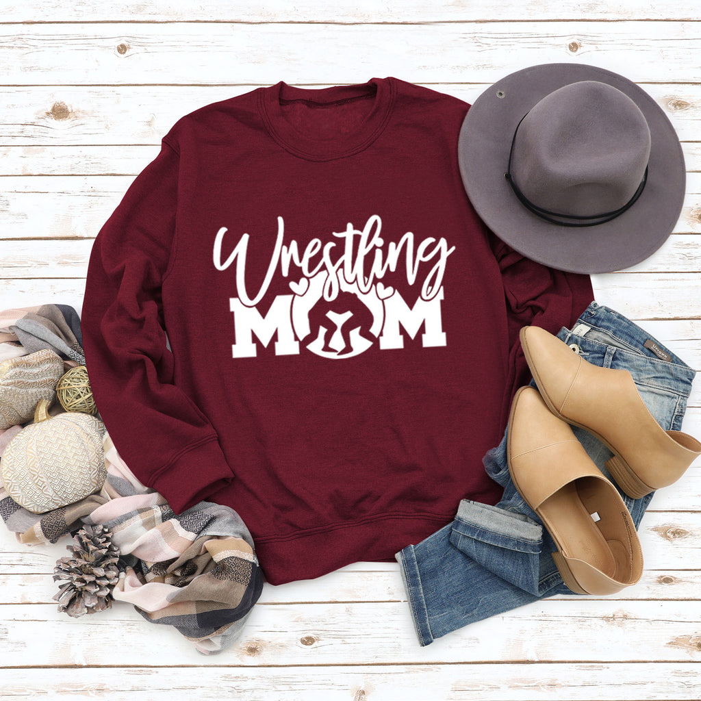 Großer Langarm-Pullover mit Wrestling-Mom-Buchstaben und Rundhalsausschnitt