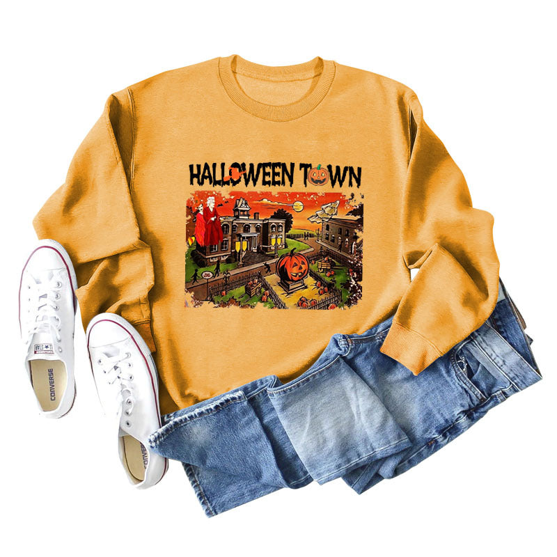 Pull ample à manches longues pour femmes, chemise ample avec lettres imprimées de ville d'halloween, nouvelle collection