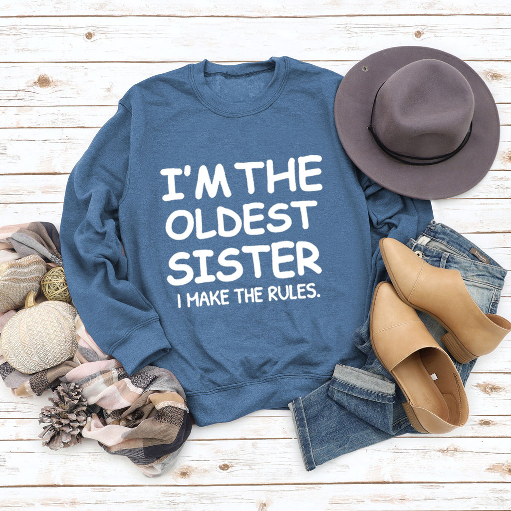 Round Neck Letter Fashion Women Long Sleeve I'M THE OLDEST SISTER Loose Print Sweatshirt