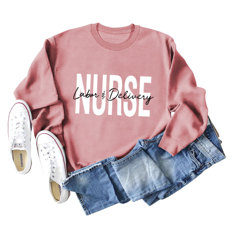 Krankenschwester Wehen Lieferung Rundhals Buchstabendruck Locker Großer Langarmpullover